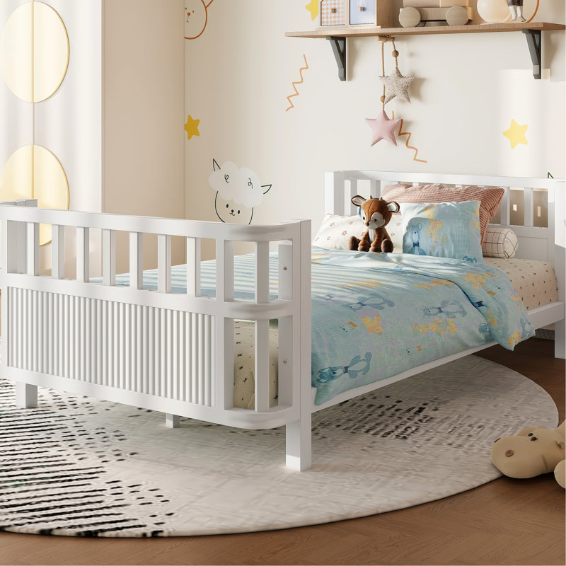 White Twin 'S Double Platform Bed With Iron , And Stable, Three - Sided Fence, Easy To Install, American Design For Bedroom Assembly,