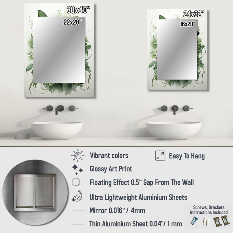 «Green Butterfly Whirling Beauty» - miroir papillon, miroir mural décoratif moderne, impression d'art en métal, 40 po x 30 po