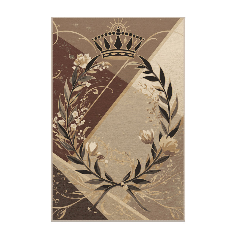 Tapis floral moelleux doux à motif de couronne de laurier et à motif de couronne en brun - beige, 2 pi x 3 pi