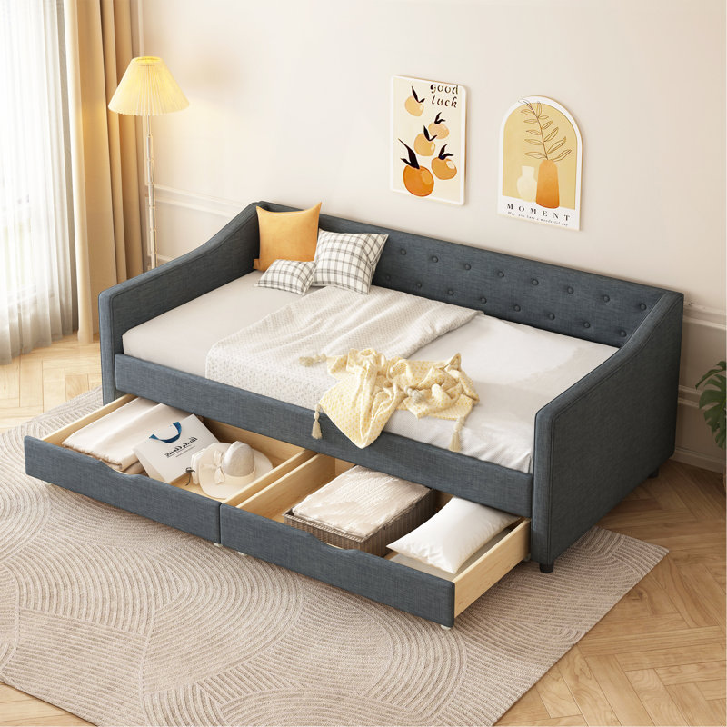 Twin Size Daybed With Drawers Upholstered Tufted Sofa Bed, With Button On Back And Piping On Waved Shape Arms-Dark Grey, Twin