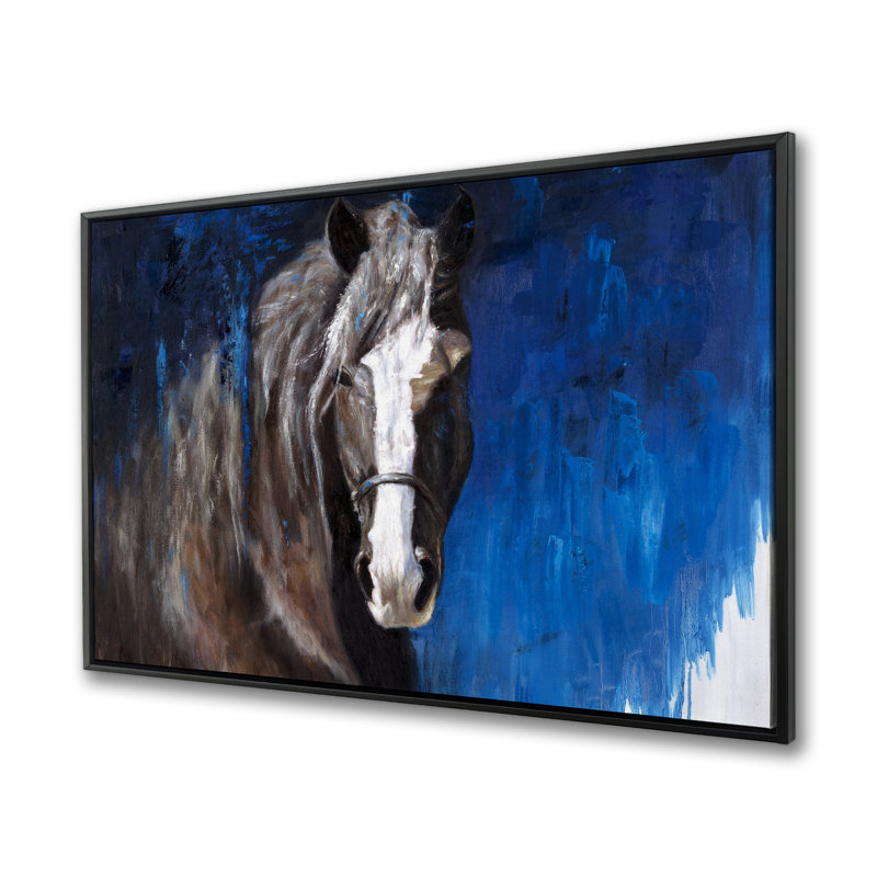 Cheval brun sur fond bleu | Décoration de chambre encadrée en toile