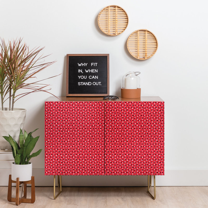 Ninola Design Christmas Snow Dots 2 Door Credenza Cabinet, Walnut/Red