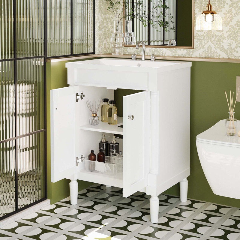 Meuble-lavabo moderne à 2 niveaux avec lavabo supérieur et grandes tablettes de rangement, Blanc