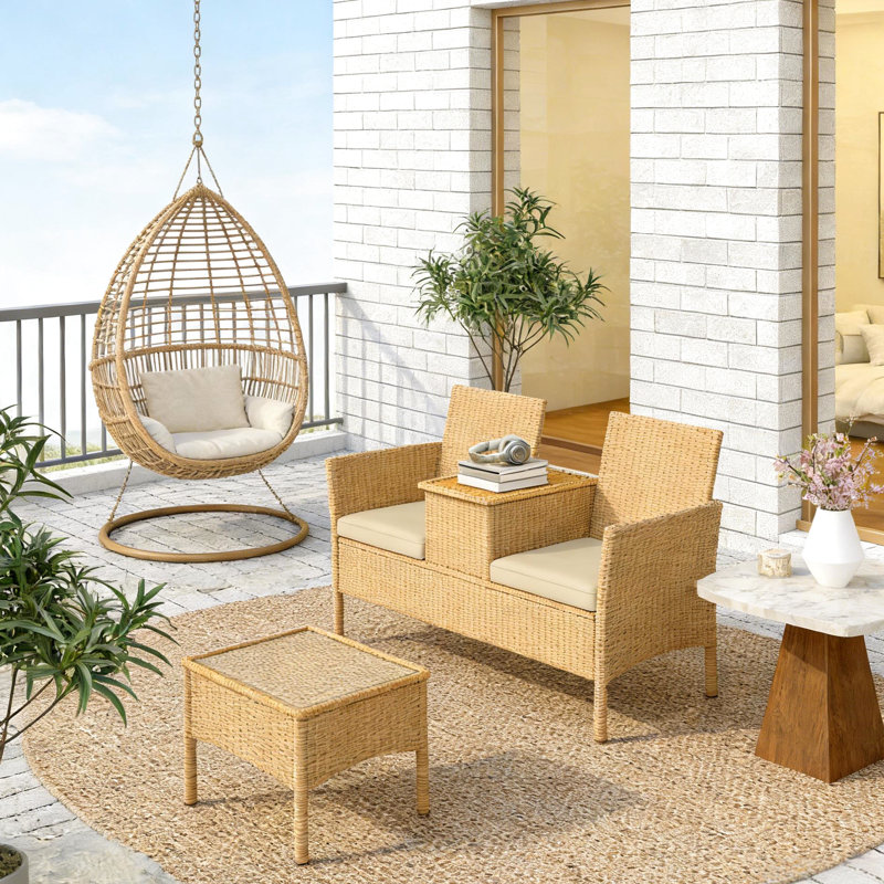 Mobilier d'extérieur avec table intégrée, housses de coussins lavables, protégé, idéal pour les petits patios. Plateau en bois rabattable, coussins amovibles, structure en acier, parfait pour les petits jardins.