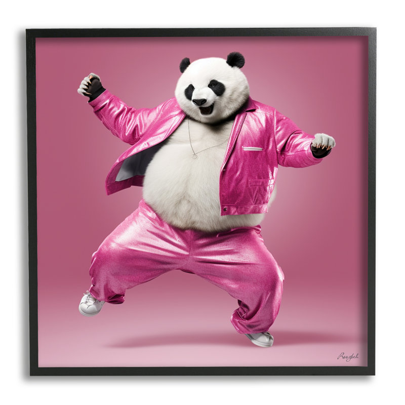 Panda dansant rose Az-158 par Roozbeh, H 17 po x l 17 po x P 1,5 po, Giclée encadrée noir minuit