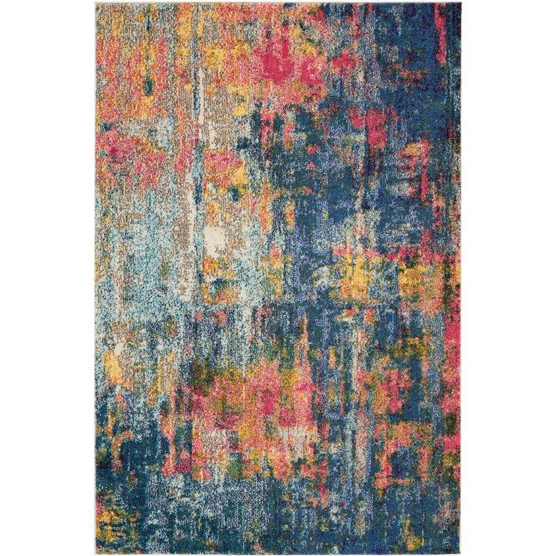 Tapis bleu et jaune 4 pi x 6 pi à motif abstrait tissé à la machine