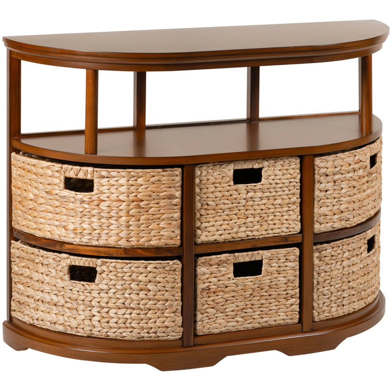 Half Moon Console Table With 6 Baskets and Storage Shelves, Coffee