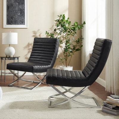 Magdala 26.38"W Modern Tufted Genuine Leather Upholstered Accent Lounge Chair with Stainless Steel Frame