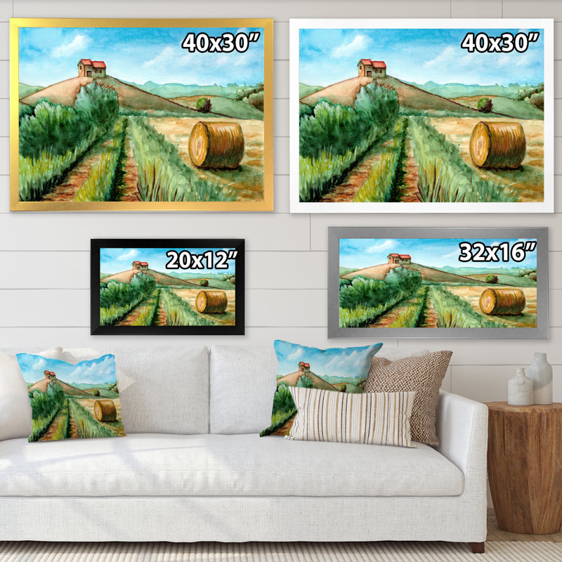 Paysage de récolte champêtre - Peinture sur toile, H 34 po x l 44 po, Cadre photo argenté
