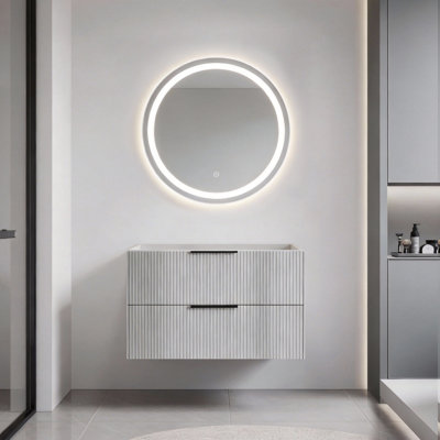 Meuble-lavabo 36 po avec lavabo en céramique - Meuble-lavabo mural flottant cannelé gris avec tiroirs, moderne