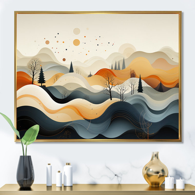 «Teal Orange Line Art Landscape», reproduction d'art sur toile, Cadre flottant doré, H 30 po x l 40 po x P 1,5 po