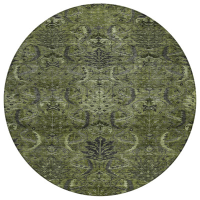 8' Olive Green And Charcoal Round Damask Washable Indoor Outdoor Area Rug