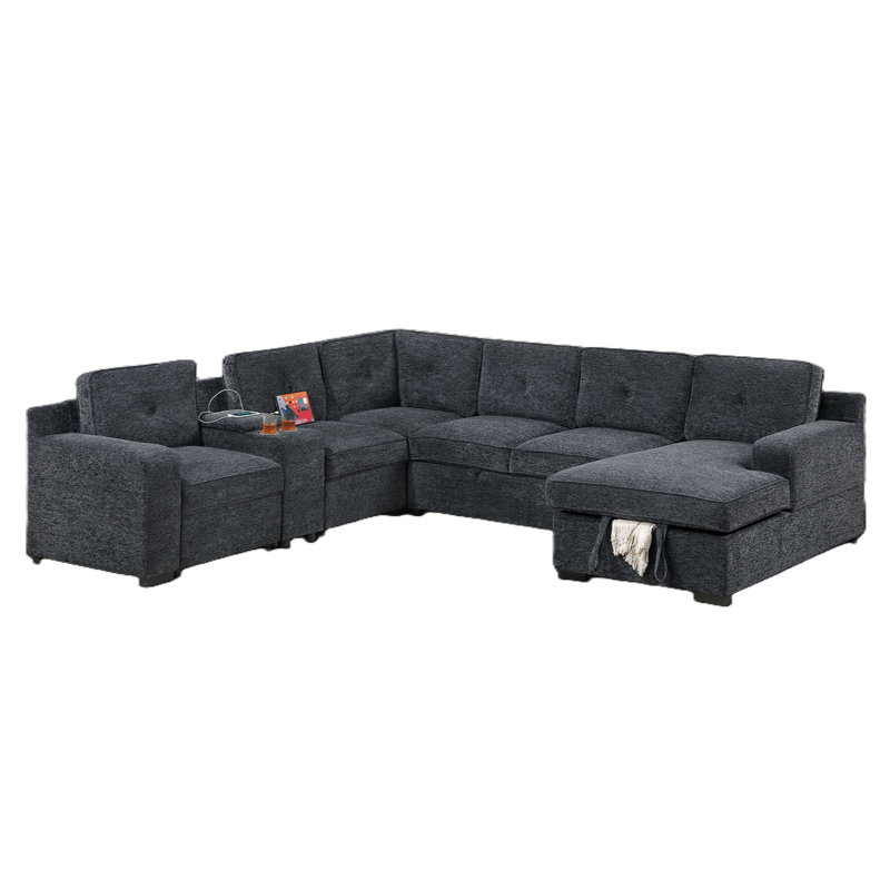 Canapé modulaire rembourré moderne en chenille 4 pièces avec méridienne et rangement, Chenille gris foncé
