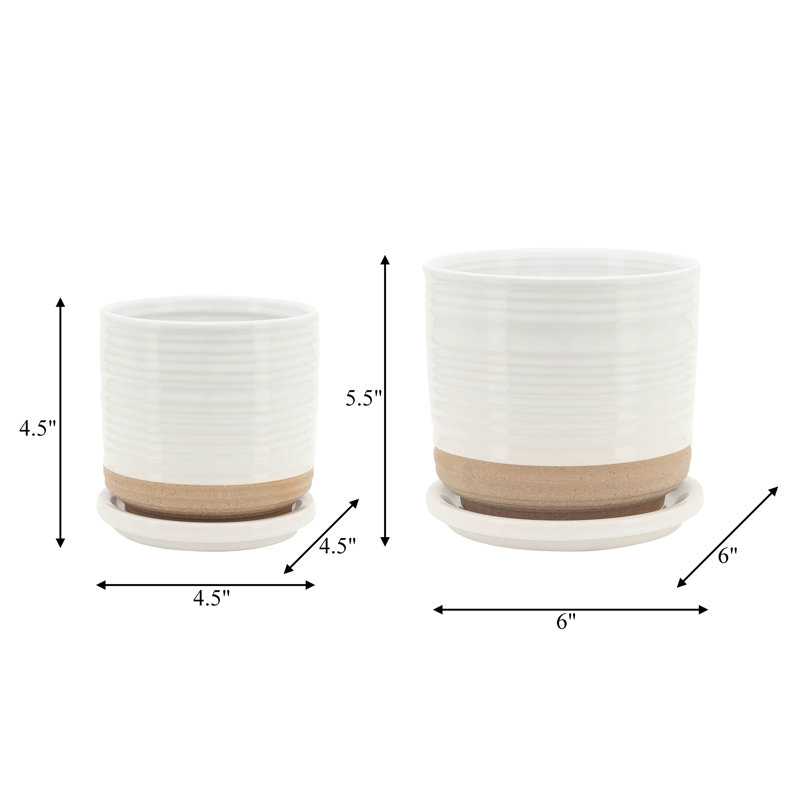Balmer Ceramic Saucer Planter with Ribbed Texture, Striped White, 2
