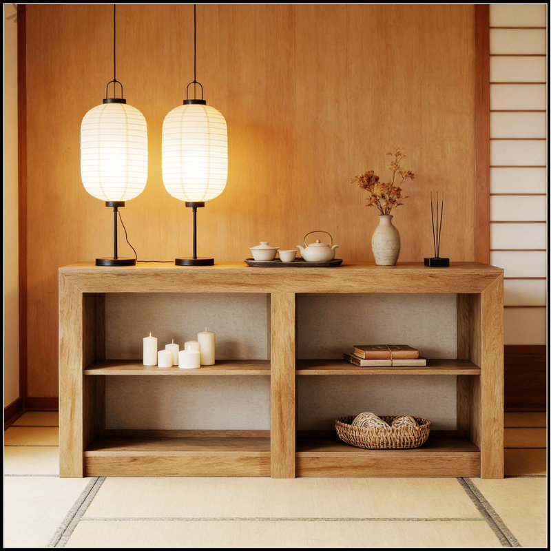 Console rustique et moderne à 3 niveaux avec tablettes divisées pour un rangement et une décoration améliorés