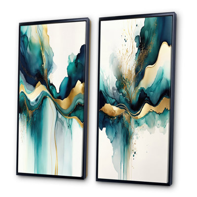 " Teal And Gold Abstract Expression I " 2 - Pieces
