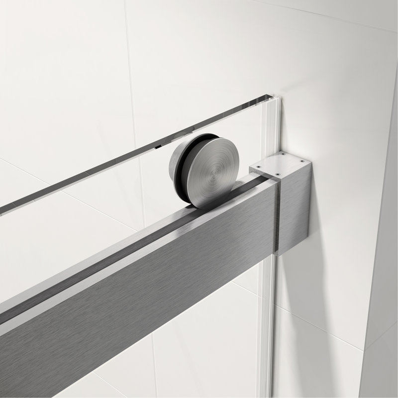 Porte de douche sans cadre à double coulissement 68-72 x 76 po en nickel brossé avec fermeture en douceur et verre transparent de 3/8 po
