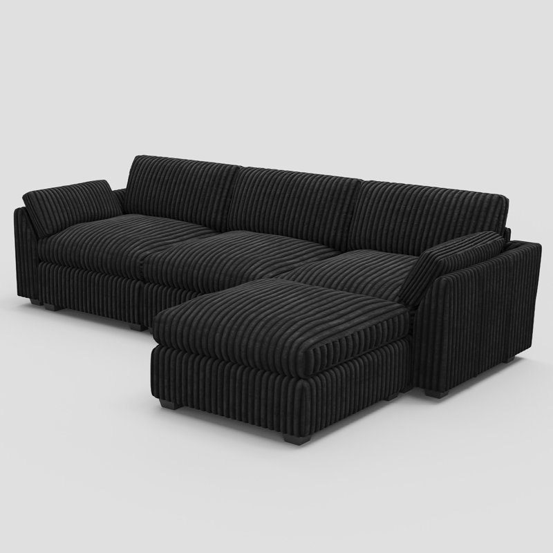 Canapé modulaire moelleux en forme de L en bois massif avec repose-pieds Plush, Velours côtelé noir
