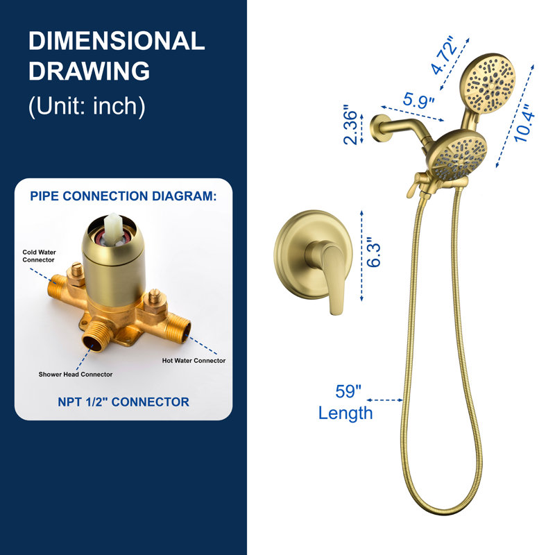 Dual Shower Faucet Set with Valve High Pressure 2 in 1 Shower Combo Set Shower System with Handheld, Brushed Gold