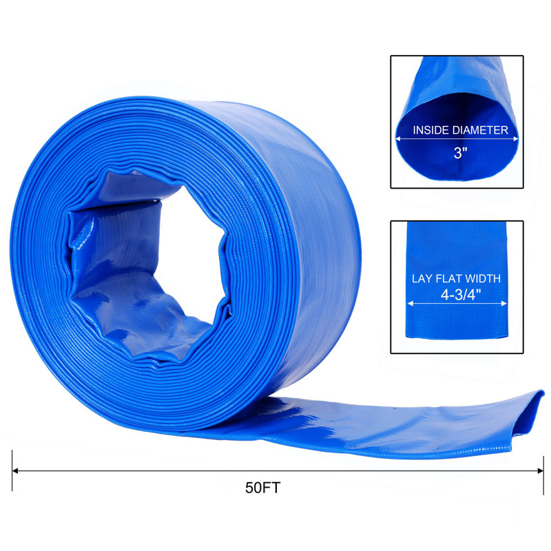 Tuyau de lavage à contre-courant de 3 po x 50 pi, tuyau d'évacuation d'eau plat renforcé en PVC renforcé bleu pour pompe de filtre de piscine, avec 2 pinces