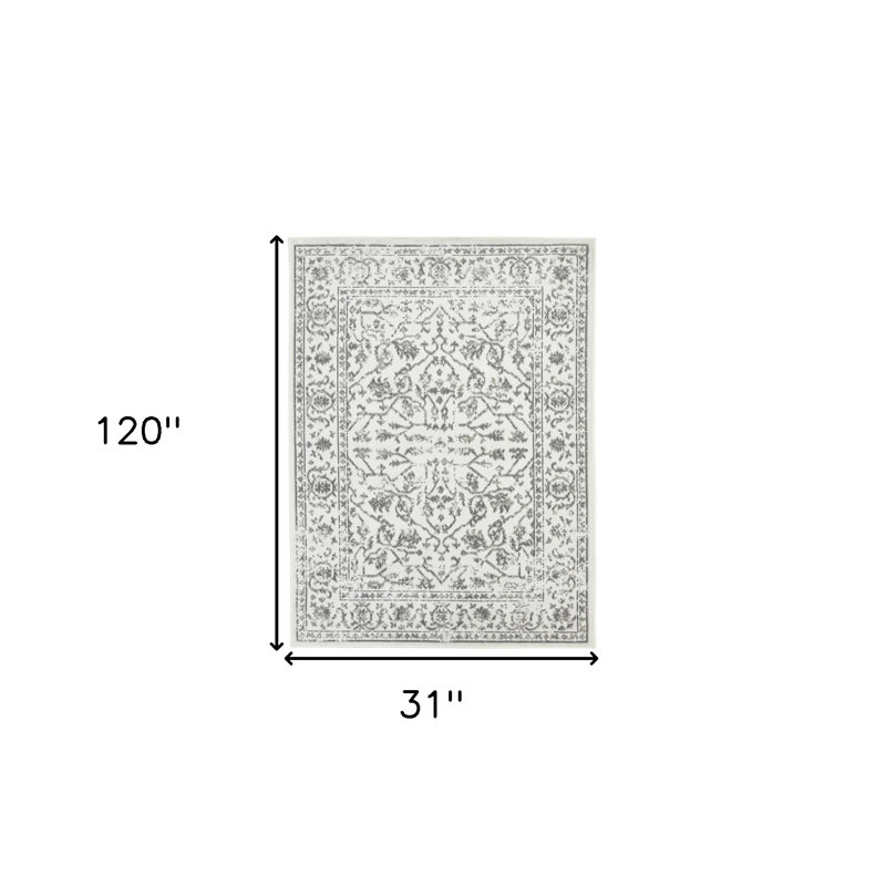 Tapis de couloir 10 pi à motif floral tissé à la main gris clair avec franges