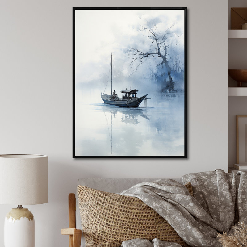 Art asiatique, bateau bleu - impression, H 44 po x l 34 po x P 1,5 po, Toile avec cadre flottant noir