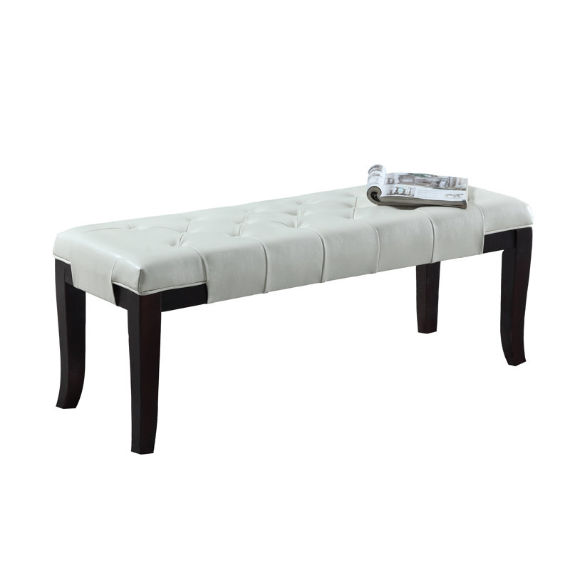 Solid Wood Upholstered Tufted Bench, White Leather