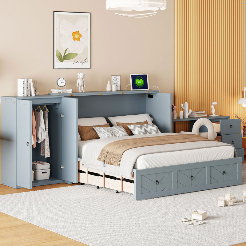Grand lit gris avec fonction, grand espace et grand lit intégré disponible en gris, espace de rangement spacieux