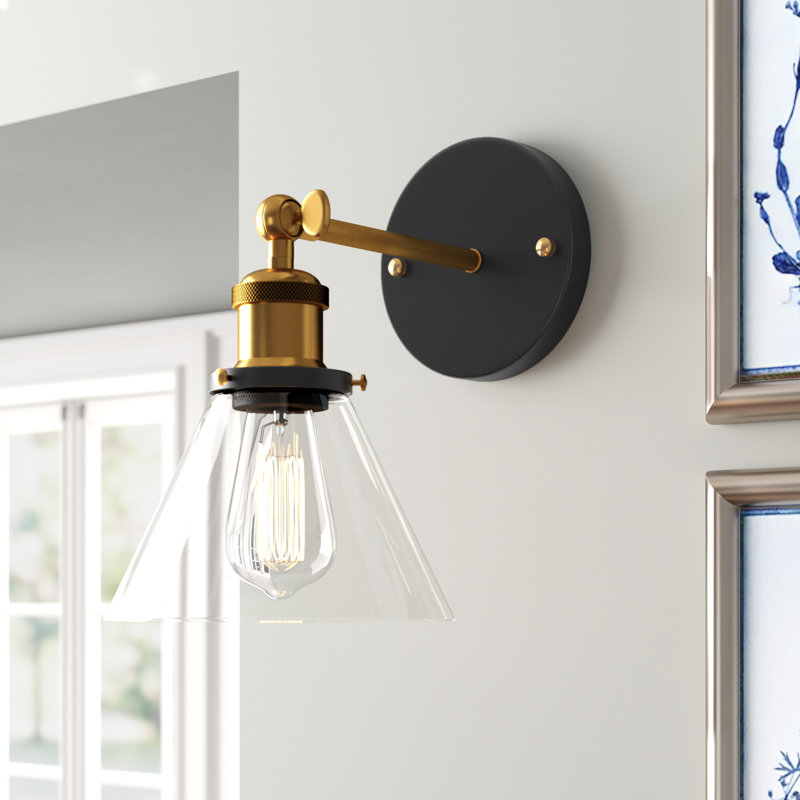 Lockett  1 - Light Glass Shade Classic Armed Wall Sconce, Black/Brass