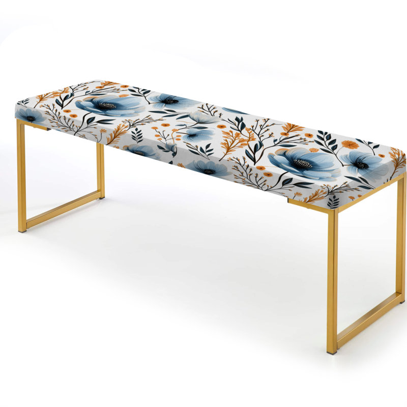 Floral Upholstered Gold Bench, Watercolor Whimsy Blue Floral
