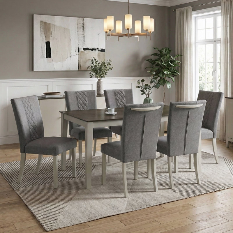 Badgery 7-Piece Solid Wood Dining Set with Fabric Upholstered Chairs, 7 Pieces: Table, 6 Chairs