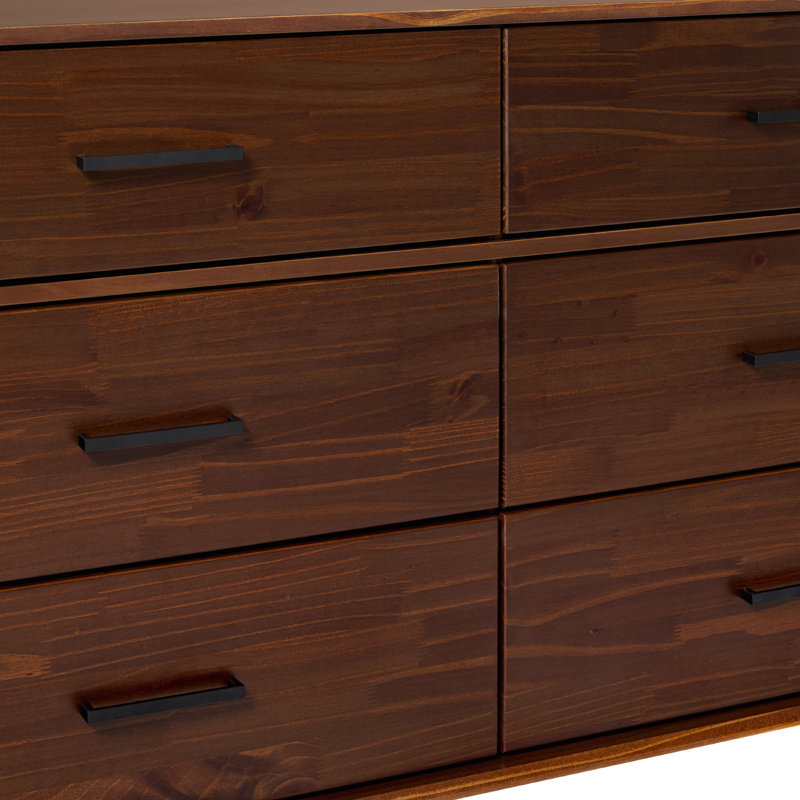 Walnut Solid Pine Wood 6-Drawer Dresser with Metal Handles
