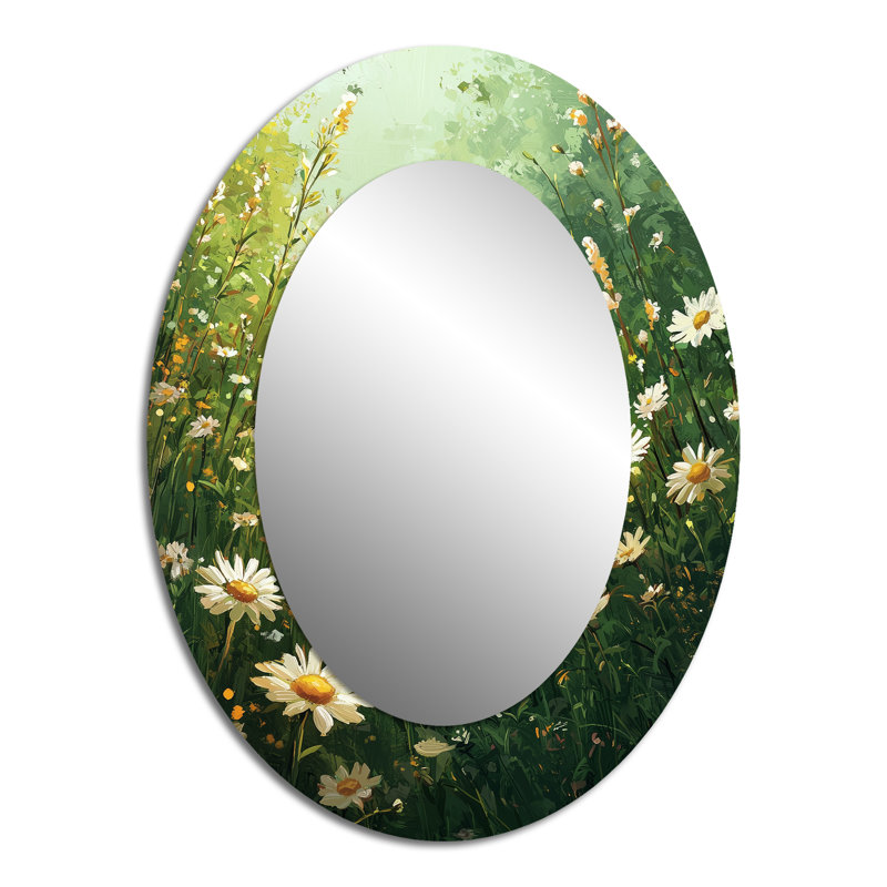 White Country Daisies Dream - White Modern Oval Wall Mirror, 40" x 30"