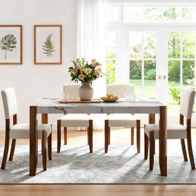 Table de salle à manger 46,5 po, table de cuisine moderne, table rectangulaire de style faux marbre avec pieds en bois, facile à assembler