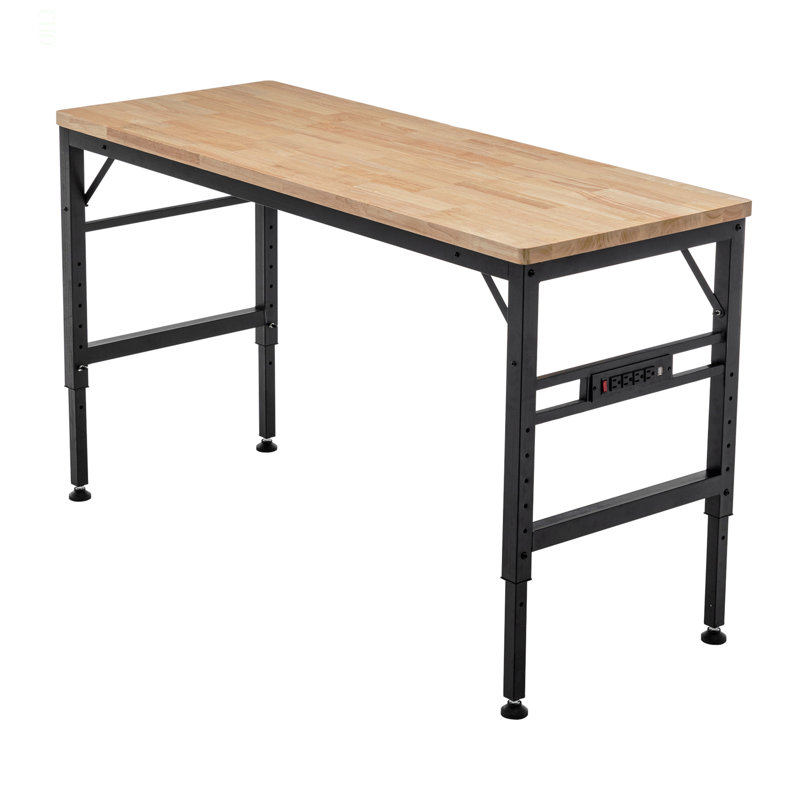 Établi à hauteur réglable, poste de travail robuste en bois d'hévéa de 60 po avec prises de courant, table de travail en bois franc d'une capacité de charge de 2000 lb pour atelier, garage, bureau, maison, commercial