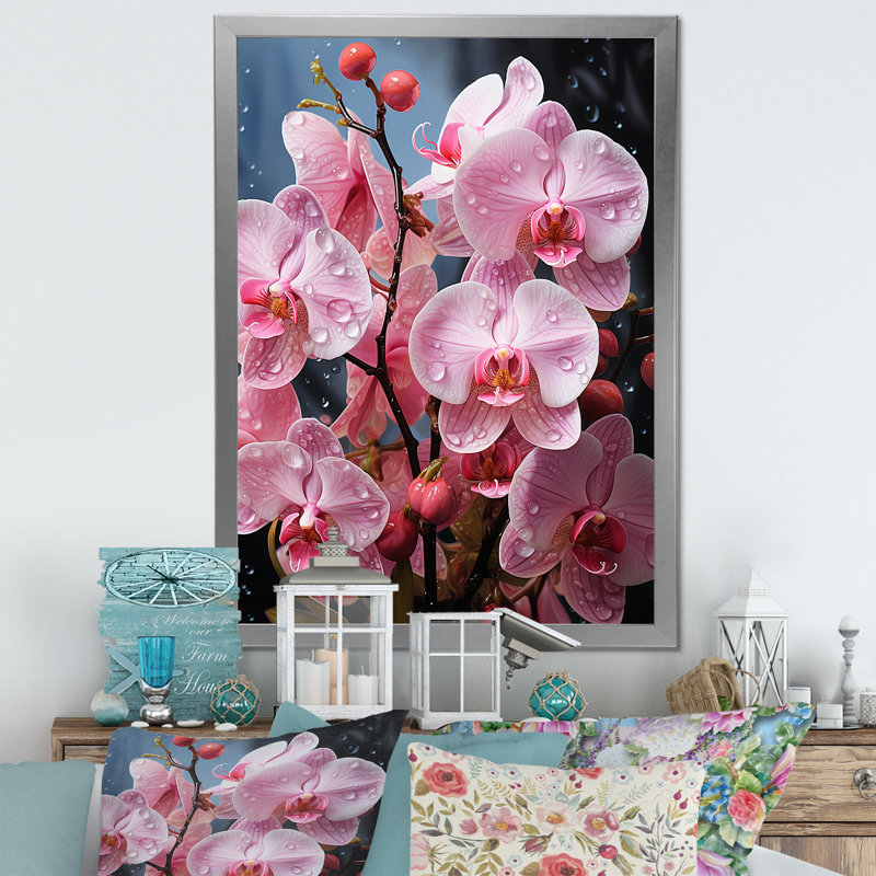 Orchidées roses, orchidées roses, fusion néon II sur toile, Cadre simple argenté, H 32 po x l 24 po x P 1 po