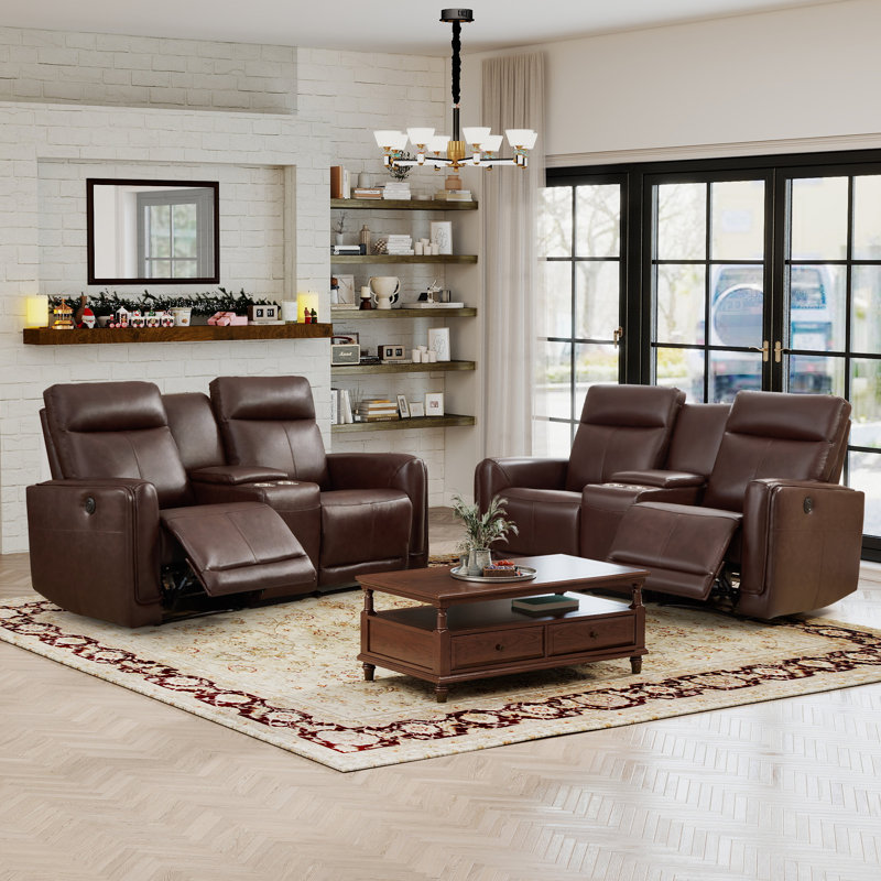 73" W Classic Top-Grain Leather Power Reclining Loveseat With USB & Type-C, Dual Cup Holders & Storage(Set Of 2)