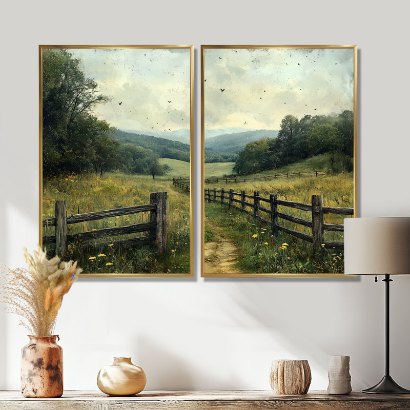 Green Peaceful Valley II - ferme, paysage mural, décoration murale, 2 pièces, H 36 po x l 48 po, Doré