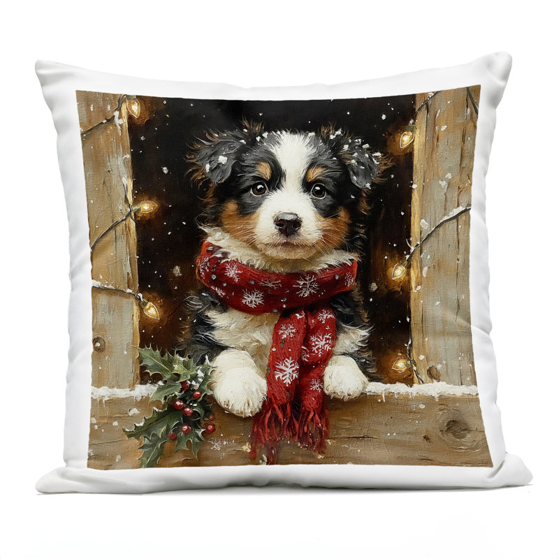 Coussin extérieur Snowy Christmas Lights Puppy Design par Riley B