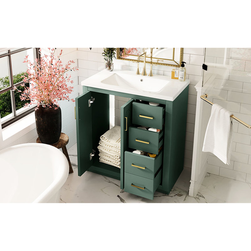 Meuble-lavabo de 30 po avec cadre en bois massif, charnières, planches, rangement spacieux pour les articles de toilette, style rétro et produits uniques à motif de rainures,