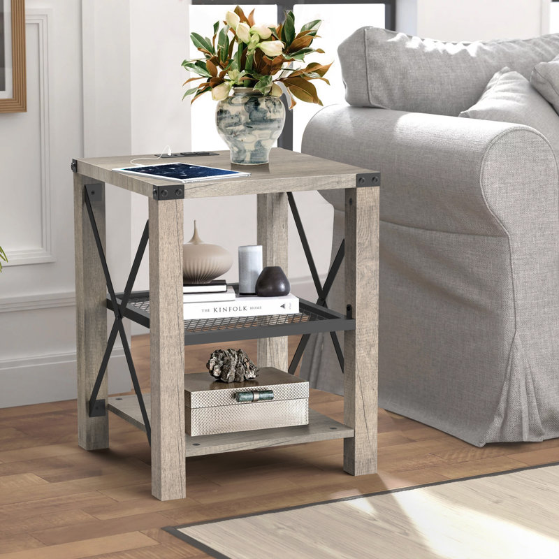 Eidelweiss Tall End Table Nightstand with 2 USB Ports, 2 Power Outlets, and 2 Storage Shelves, Wash Gray