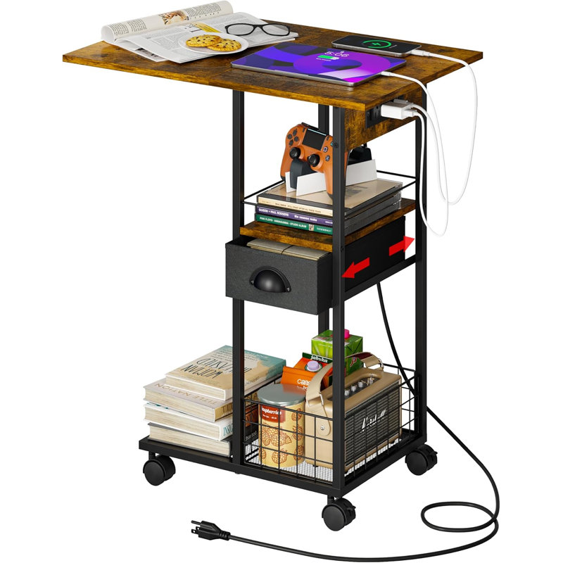 Table d'appoint roulante en forme de C avec station de charge, table de chevet avec port USB Type-C et prise pour la chambre à coucher