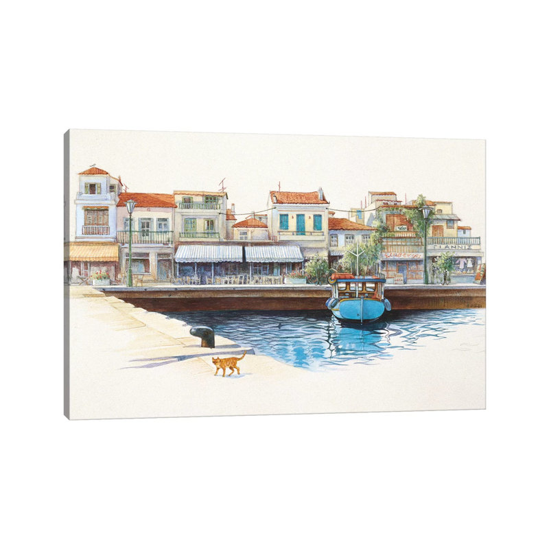 Greek Cat By The Harbour by Ivory Cats - Wrapped Canvas Painting, 20.32 cm H x 30.48 cm W