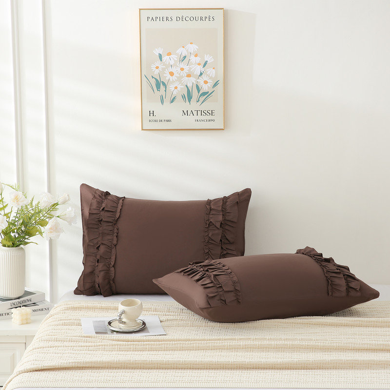 Chocolate Ruffle King Size Pillowcase Set of 2,Chic Ruffle Pillow Sham,20x36 inches Pillow Covers,French Country Vintage Ruffled Pillowcases 2 Pack, Soft Microfiber