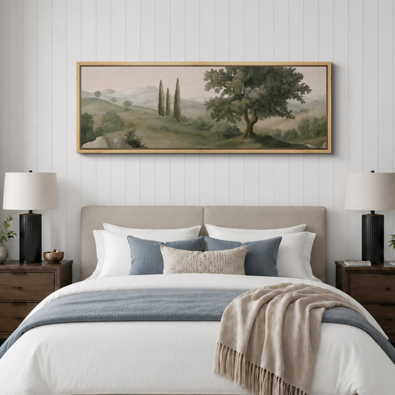 «Tuscan Hills and Cypress Trees», impression sur toile encadrée - décor de paysage méditerranéen, H 20 po x l 60 po, Naturel