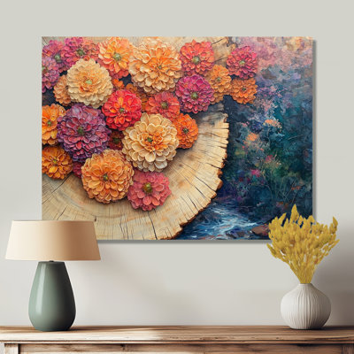 Couleurs de fleurs de chrysanthèmes sur un plateau en bois I - art mural en métal chrysanthèmes