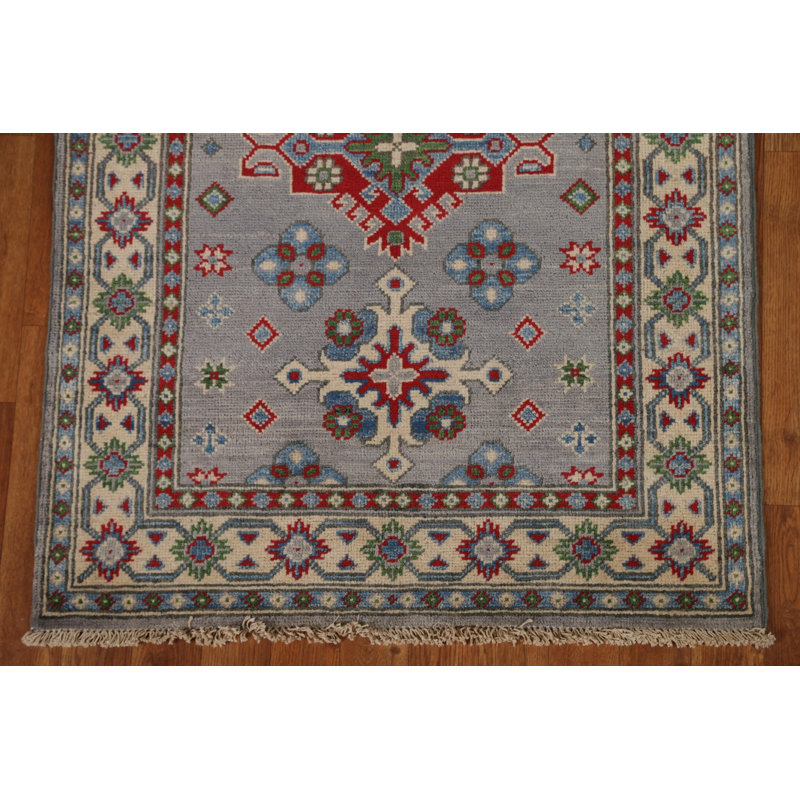 Gray Geometric Kazak Runner Rug