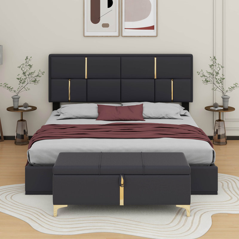 Ensemble de chambre à coucher 2 pièces, lit plateforme tapissier avec système de rangement hydraulique, Noir