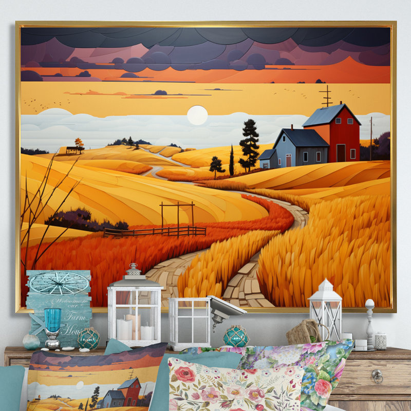 «Bentlea Yellow Barn Minimalsim Landscape II», reproduction sur toile, Cadre flottant doré, H 34 po x l 44 po x P 1,5 po