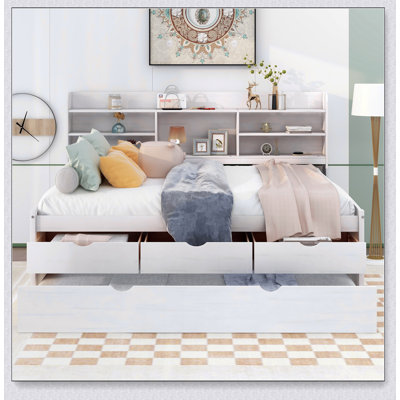 Wooden Captain Bed With Built-In Bookshelves,Storage Drawers And Trundle by Ophelia & Co.